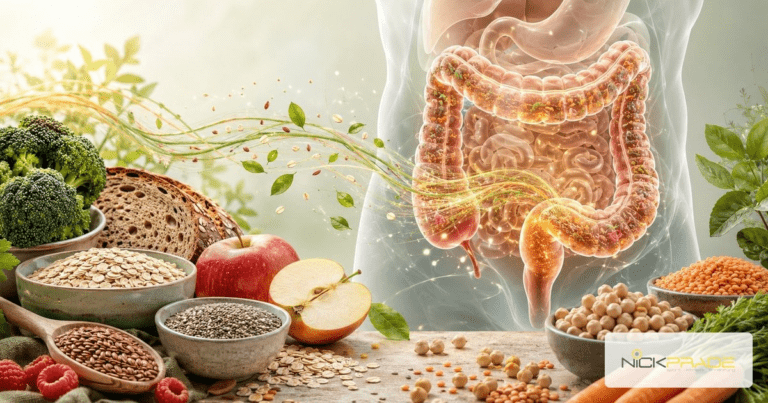Ballaststoffreiche Lebensmittel wie Brokkoli, Hafer, Linsen und Apfel und ihre Wirkung auf die Darmgesundheit und das Mikrobiom